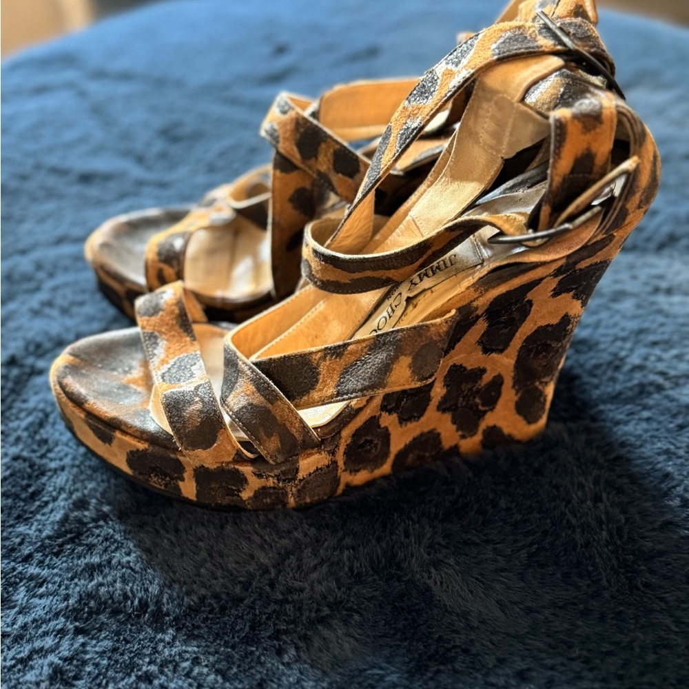 Jimmy Choo Leopard Print Suede Wedge Sandals